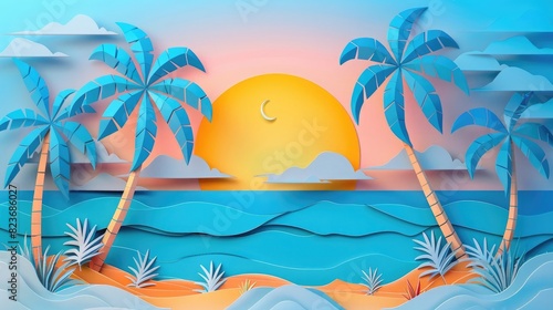 3D paper art of a sunset and palm trees by the sea  blue sky with clouds in the background  flat lay