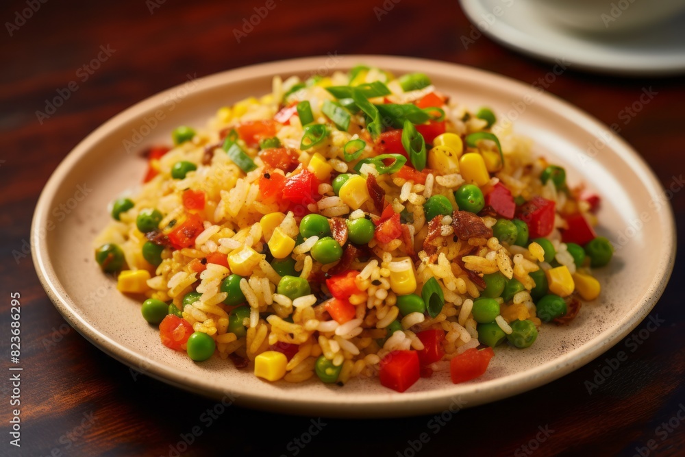 Tempting fried rice on a marble slab against a pastel painted wood background Tempting fried rice on a marble slab against a pastel painted wood background