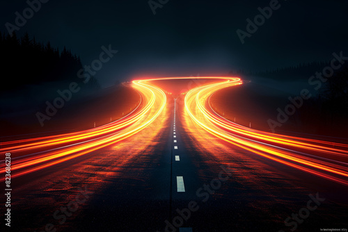 A long, dark road with two lanes and a lot of traffic