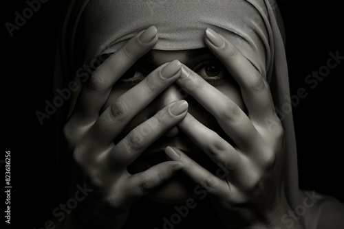 Dramatic black and white portrait of a woman covering her eyes with her hands, wearing a hijab photo