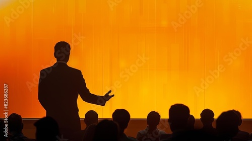 silhouette of businessman giving presentation at corporate event audience in conference hall