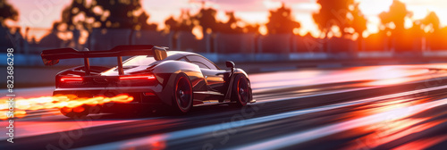 High-performance sports car at dusk tailing flames with dynamic motion photo
