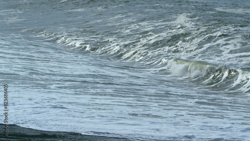 Summer Beach Nature. Beautiful Dark Sea Surface. Seashore Big Wave Crashing. Slow motion.