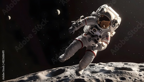 A 3D cartoon astronaut with a jetpack  soaring above a small moon surface