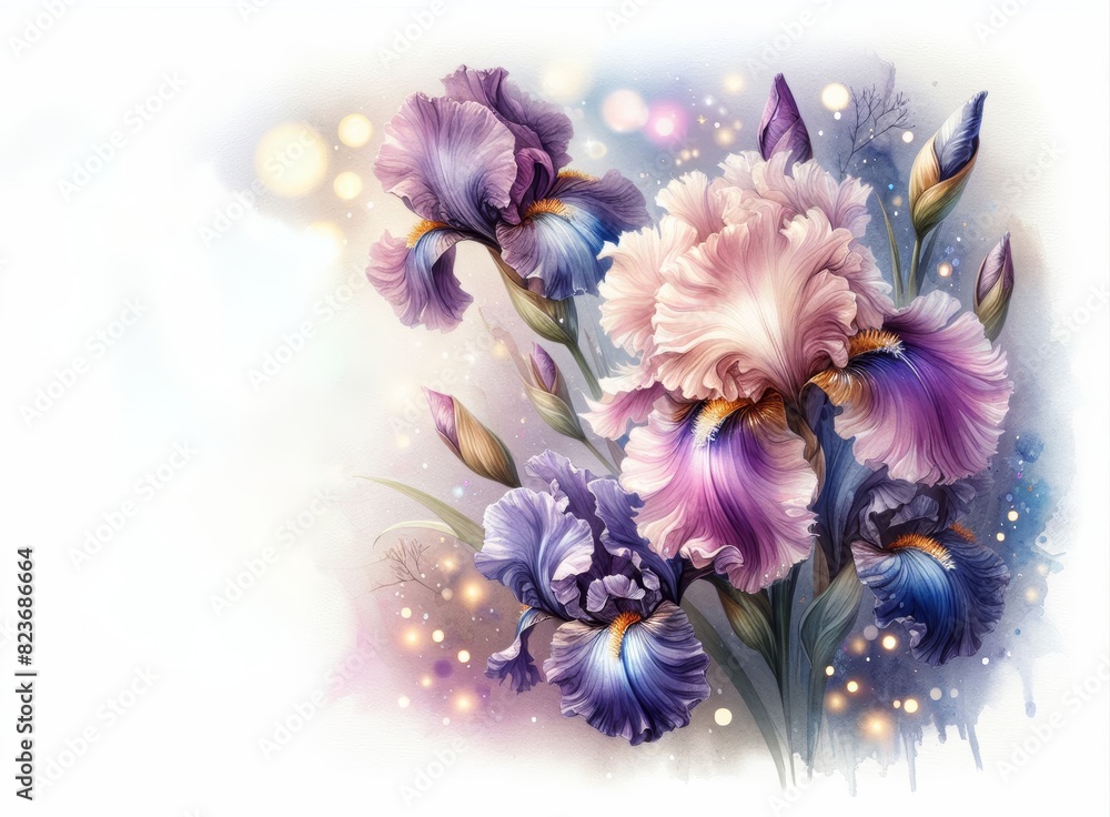 Obraz premium Watercolor painting of blooming irises in soft pastel shades, creating a serene floral scene