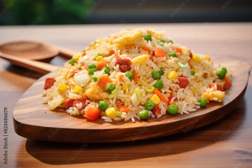 Tempting fried rice on a marble slab against a pastel painted wood background Tempting fried rice on a marble slab against a pastel painted wood background