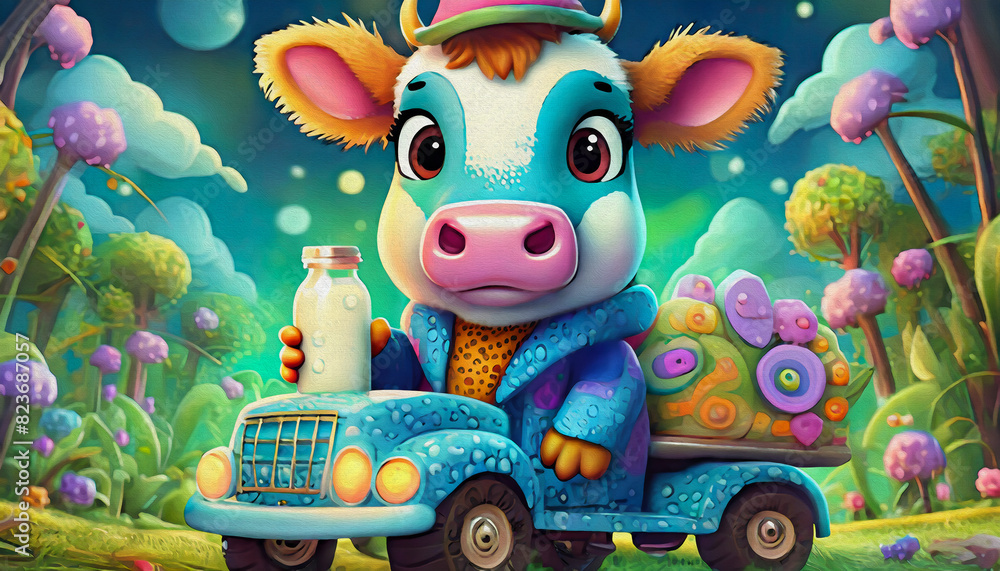 Fototapeta premium oil painting style cartoon character illustration Multicolored close up a baby cow is holding a bottle of milk and driving TRUCK,