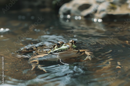 a frog swimming in a deep river