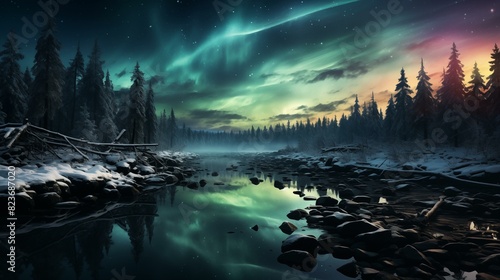 Aurora Borealis  Northern Lights in a night sky over a northern winter landscape