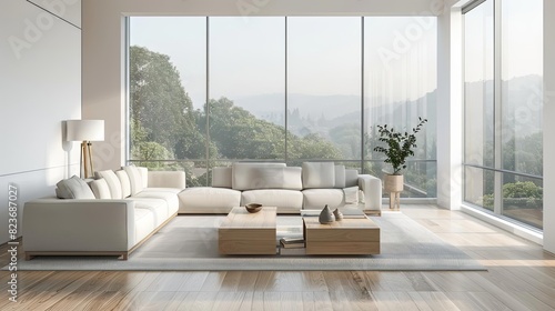 sleek modern home interior mockup open concept living room floortoceiling windows neutral colors 3d render