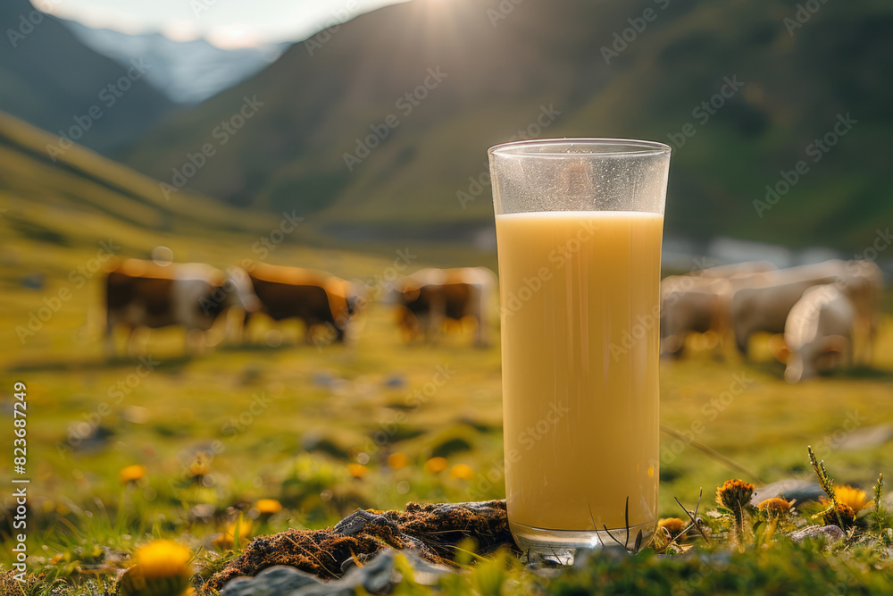 Golden Hour in the Pasture with a Fresh Glass of Milk in the Foreground Golden Hour in the Pasture with a Fresh Glass of Milk in the Foreground