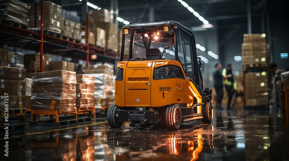 Forklift doing storage in a warehouse managed by machine learning and artificial intelligence automation, robotics applied to industrial logistics Forklift doing storage in a warehouse managed by machine learning and artificial intelligence automation, robotics applied to industrial logistics