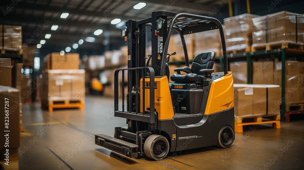 Forklift doing storage in a warehouse managed by machine learning and artificial intelligence automation, robotics applied to industrial logistics Forklift doing storage in a warehouse managed by machine learning and artificial intelligence automation, robotics applied to industrial logistics