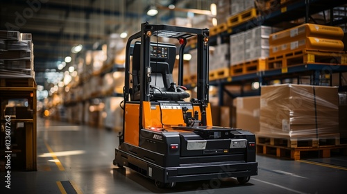 Forklift doing storage in a warehouse managed by machine learning and artificial intelligence automation, robotics applied to industrial logistics  photo