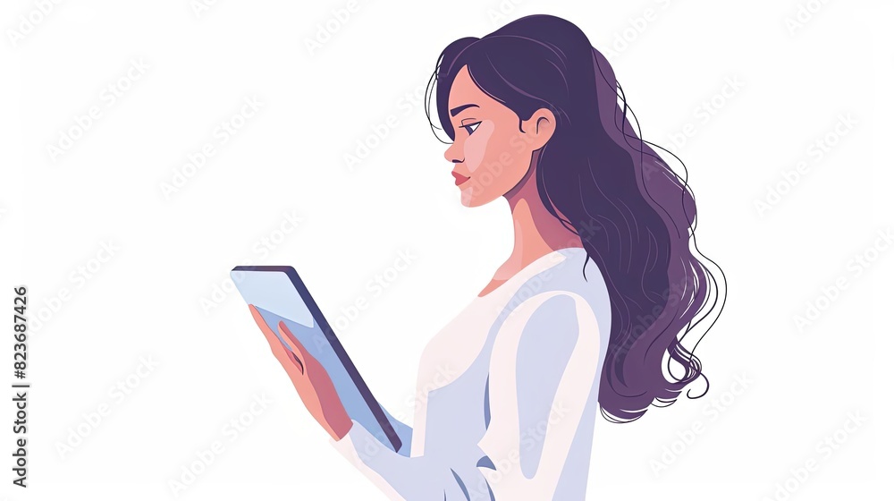 smartly dressed woman holding tablet profile view on white modern technology use illustration smartly dressed woman holding tablet profile view on white modern technology use illustration