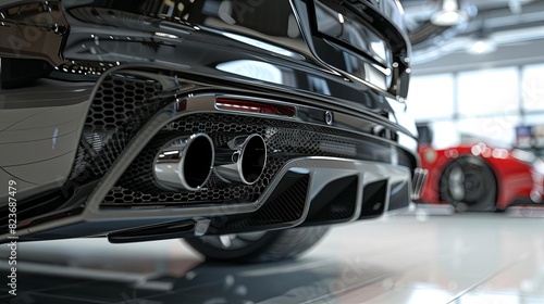 sleek sports car exhaust with dual chrome tips and carbon fiber diffuser showroom setting photo