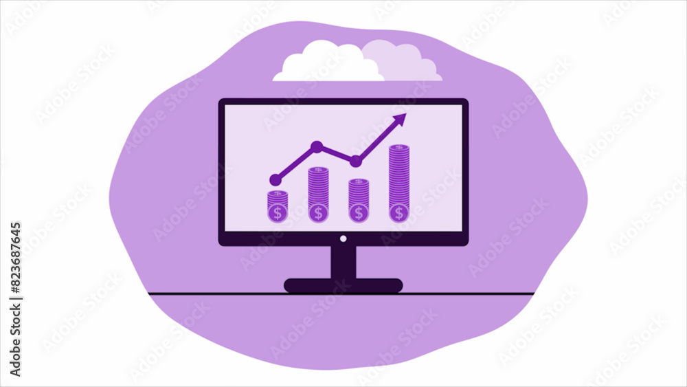 Business graph bar dollar coing pc monitor purple color white background Business graph bar dollar coing pc monitor purple color white background