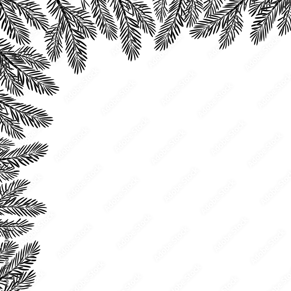 Naklejka premium Christmas tree silhouette corner frame decoration. Fir tree branches, Pine, spruce branch. Hand drawn doodle style vector illustration. For New year, winter season headers, cards, party posters.