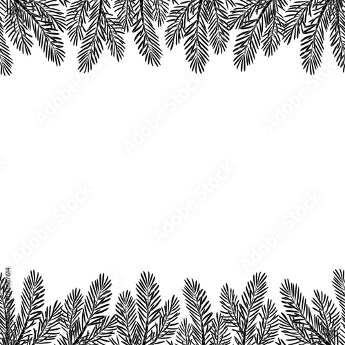 Pine tree branches seamless border silhouette isolated on white, spruce branches. Hand drawn xmas evergreen plant. Doodle Winter decor. Black and white Vector illustration