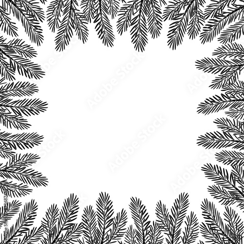 Christmas tree silhouette square frame for greeting card congratulations on new year, merry christmas. Christmas Larch, Pine evergreen tree. Hand drawn flat style isolated on white illustration