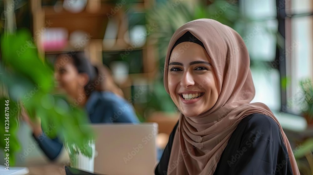 smiling hijabi woman collaborating with diverse coworkers inclusive office meeting digital painting smiling hijabi woman collaborating with diverse coworkers inclusive office meeting digital painting