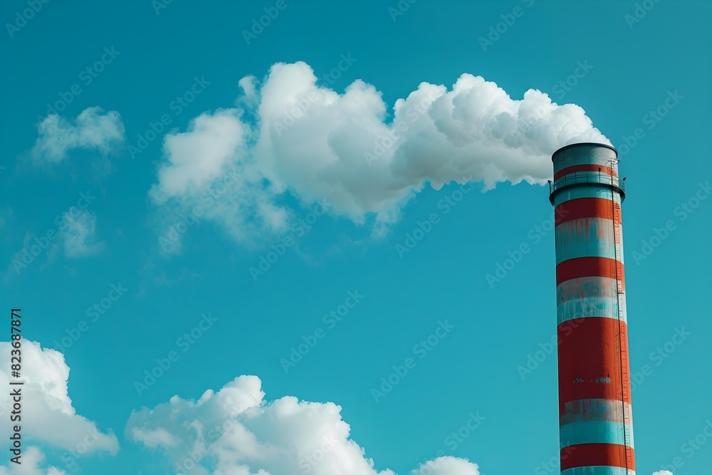 Tall Smokestack Emitting White Smoke Against Bright Blue Sky with Fluffy Clouds Tall Smokestack Emitting White Smoke Against Bright Blue Sky with Fluffy Clouds