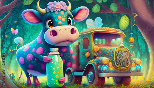 oil painting style cartoon character illustration Multicolored close up a baby cow is holding a bottle of milk and driving TRUCK,