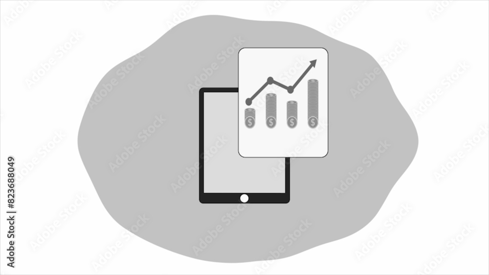 Tablet display dollar coin graph bar gray color white background Tablet display dollar coin graph bar gray color white background