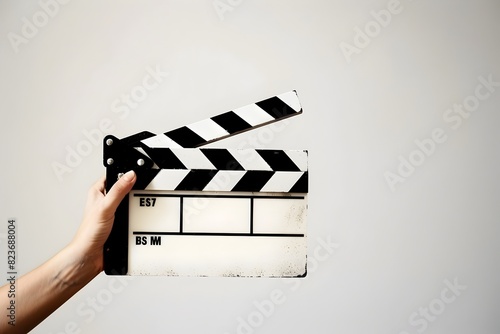 Director s Hand Holding Clapperboard for Film or Video Production on White Background photo