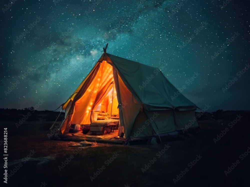 A tent glows under a night sky full of stars. A tent glows under a night sky full of stars.