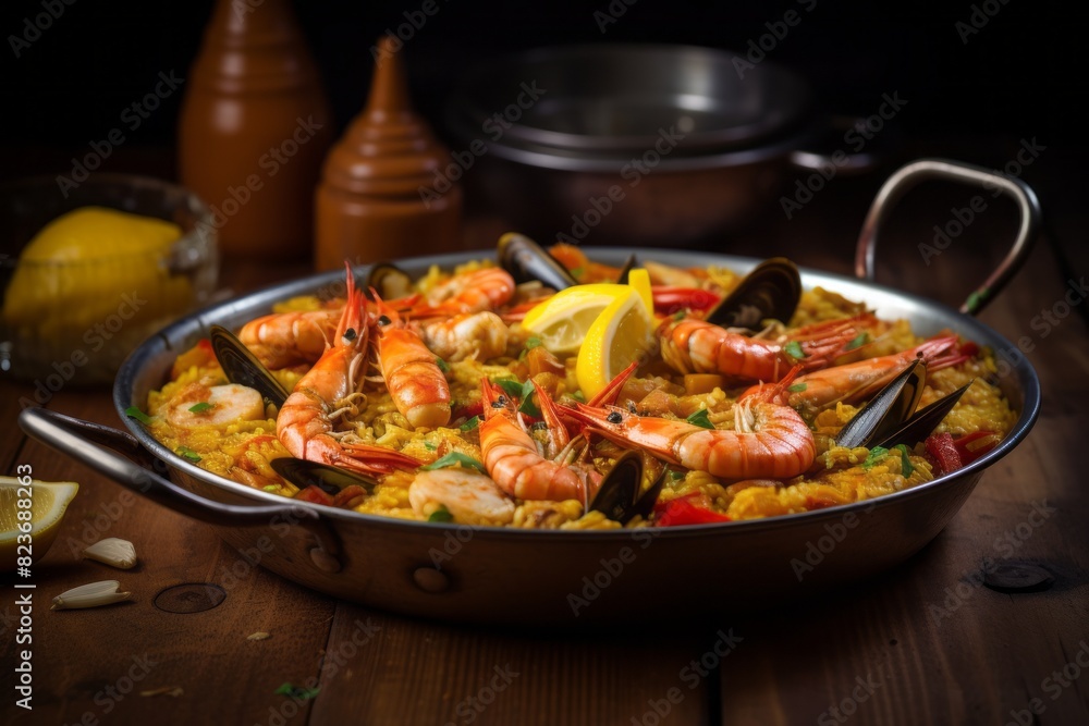 Juicy paella on a metal tray against a pastel painted wood background