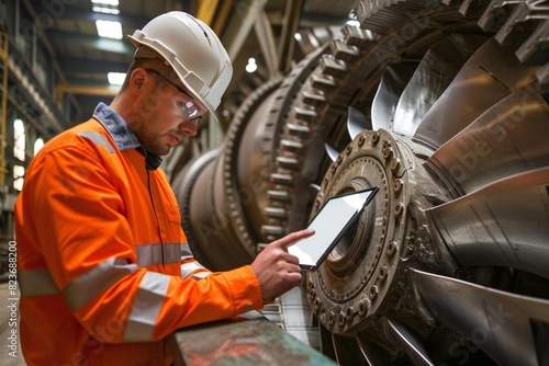 Mature male Caucasian engineer inspecting turbine impeller vanes using tablet in industrial setting. photo