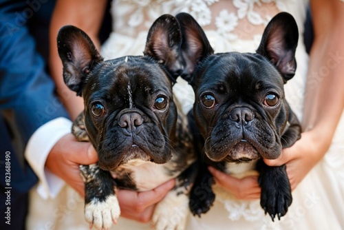 Two adorable French Bulldogs held by newlyweds at a wedding, showcasing love, companionship, and pet inclusivity in special celebrations © Sachin