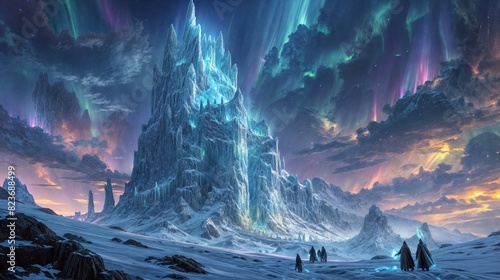 Three cloaked figures explore a majestic, ice-covered mountain under vibrant auroras in a fantastical, snowy landscape at twilight