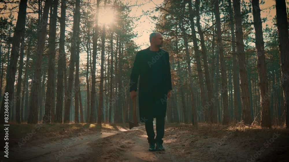 Killer in forest, man with axe in hands, spooky murderer slowly walking through mist forest. Maniac Murder and crime, Halloween horror day concept Killer in forest, man with axe in hands, spooky murderer slowly walking through mist forest. Maniac Murder and crime, Halloween horror day concept