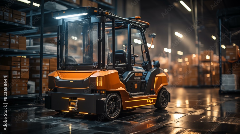 Forklift doing storage in a warehouse managed by machine learning and artificial intelligence automation, robotics applied to industrial logistics Forklift doing storage in a warehouse managed by machine learning and artificial intelligence automation, robotics applied to industrial logistics