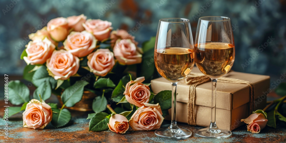A stylish display of rose wine in stem glasses with peach roses and a craft paper gift box, set against a textured backdrop A stylish display of rose wine in stem glasses with peach roses and a craft paper gift box, set against a textured backdrop