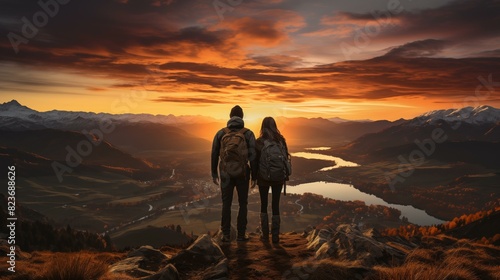Couple of man and woman hikers on top of a mountain at sunset or sunrise