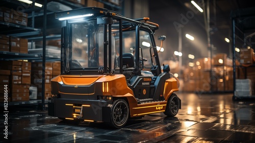 Forklift doing storage in a warehouse managed by machine learning and artificial intelligence automation, robotics applied to industrial logistics  © Songpon