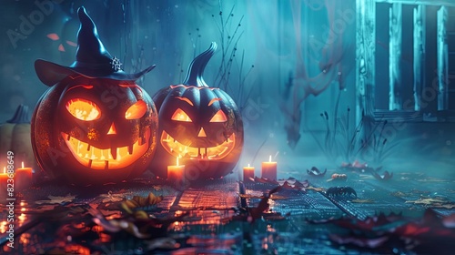 spooky halloween decor with grinning jackolanterns eerie shadows and mysterious mist haunting seasonal still life aigenerated illustration