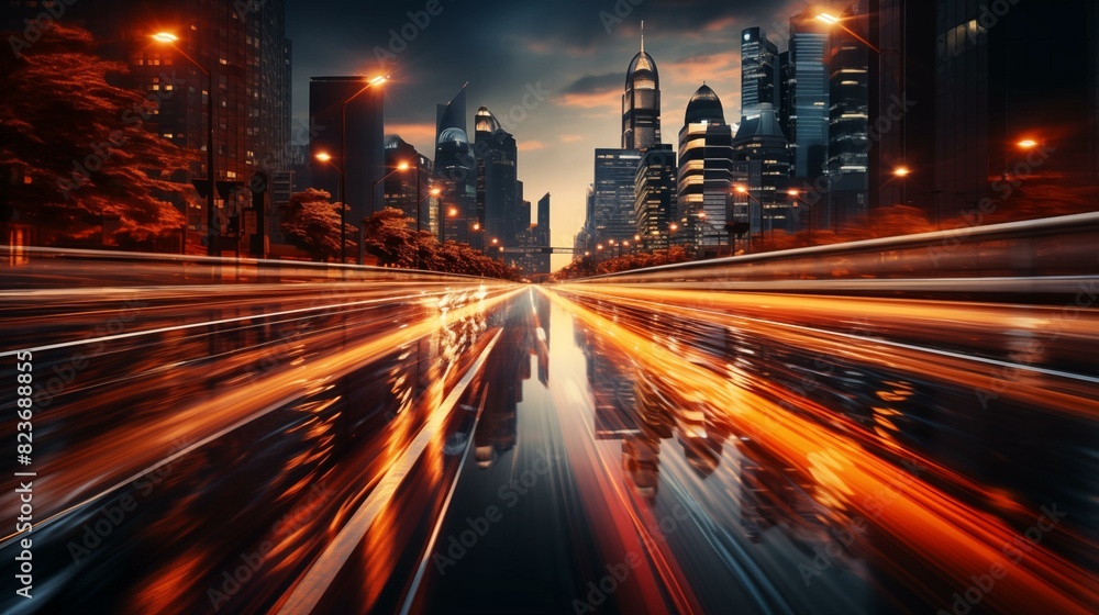 High speed urban traffic on a city highway during evening rush hour, car headlights and busy night transport High speed urban traffic on a city highway during evening rush hour, car headlights and busy night transport