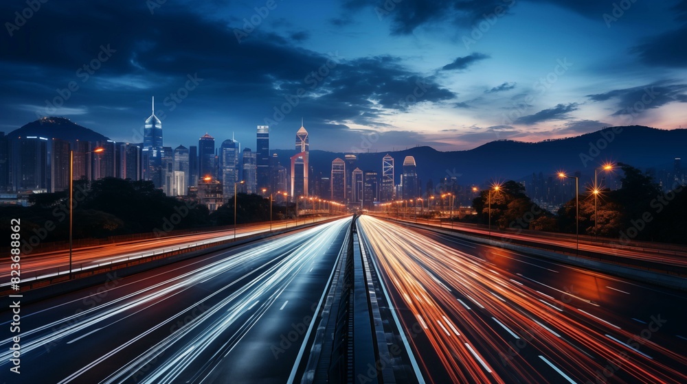 High speed urban traffic on a city highway during evening rush hour, car headlights and busy night transport