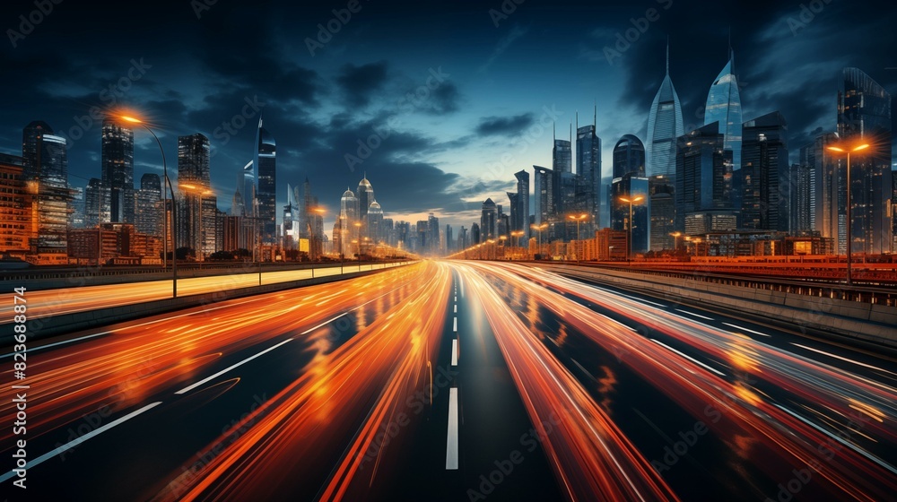 High speed urban traffic on a city highway during evening rush hour, car headlights and busy night transport