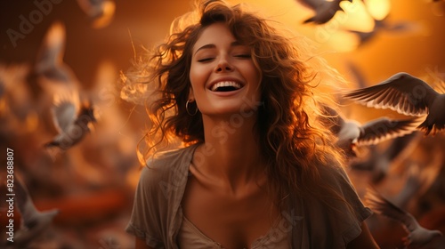 Happy young woman opening arms with a big smile, dancing among flying birds at sunrise