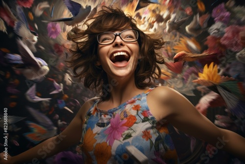 Happy child in floral dress laughs amongst a vivid swirl of colorful butterflies