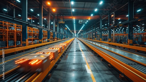 A dynamic perspective of a futuristic warehouse with conveyors in motion, showcasing industrial automation