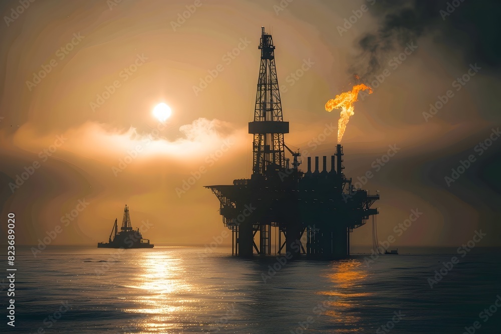 Offshore Oil Rig Platform at Sunset Reflecting on Calm Seas