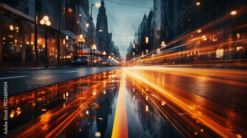 High speed urban traffic on a city highway during evening rush hour, car headlights and busy night transport