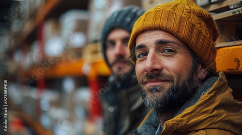 Close up of two male friends wearing warm clothing exploring aisle in a hardware store © familymedia