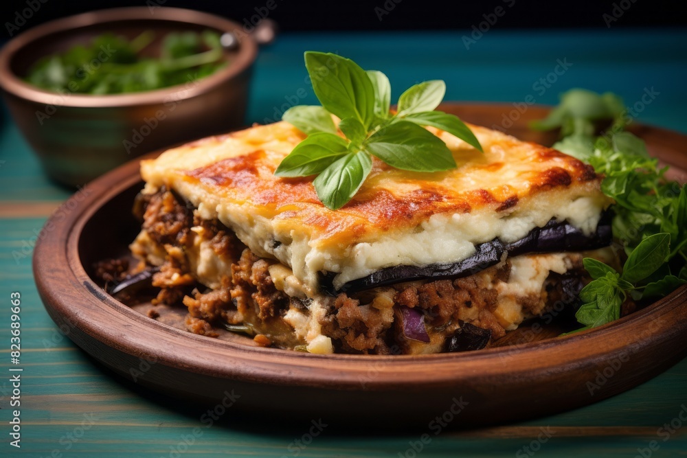 Juicy moussaka on a metal tray against a pastel painted wood background Juicy moussaka on a metal tray against a pastel painted wood background